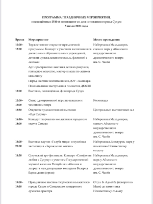 Программа праздничных мероприятий, посвящённых 2510-й годовщине со дня основания города Сухум 5 июля 2026 года